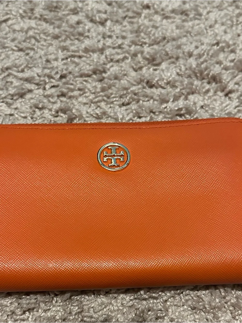 Tory Burch Bright Orange Saffiano Zip Wallet with Logo Medallion